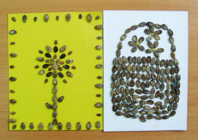Поделки из арбузных семечек и плотной бумаги (картона)