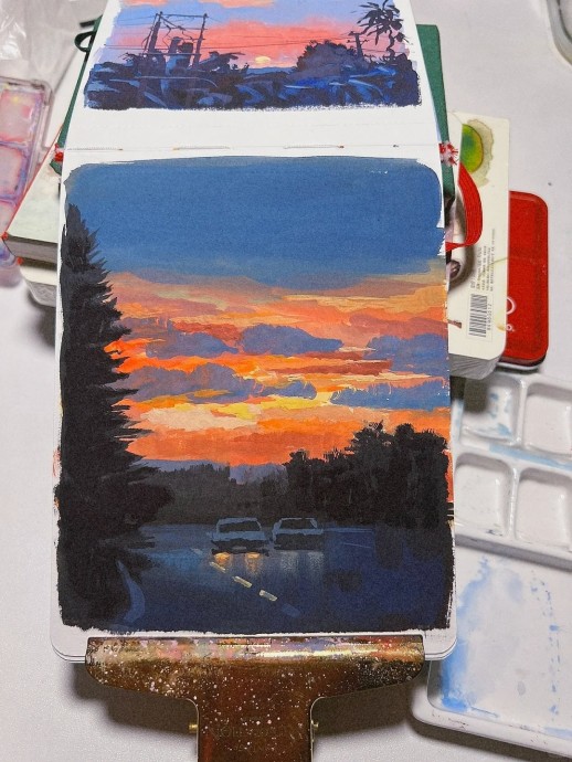 Рисуем ночную дорогу на закате