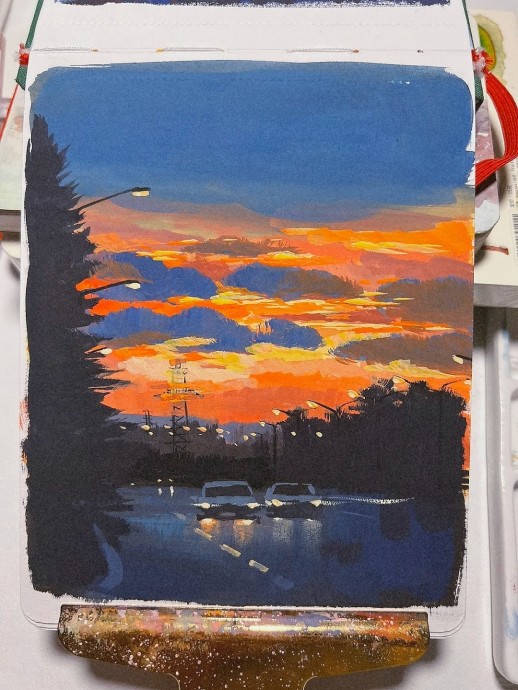 Рисуем ночную дорогу на закате