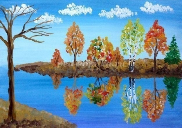 ​Осенний пейзаж у водоёма гуашью