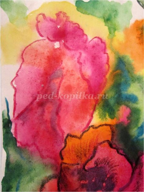 ​Рисование цветов в смешанной технике: акварельная живопись "по-сырому" и восковые цветные карандаши: часть 4