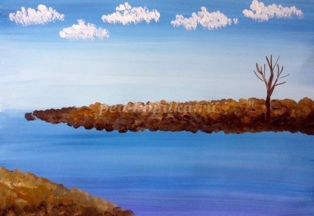 ​Осенний пейзаж у водоёма гуашью