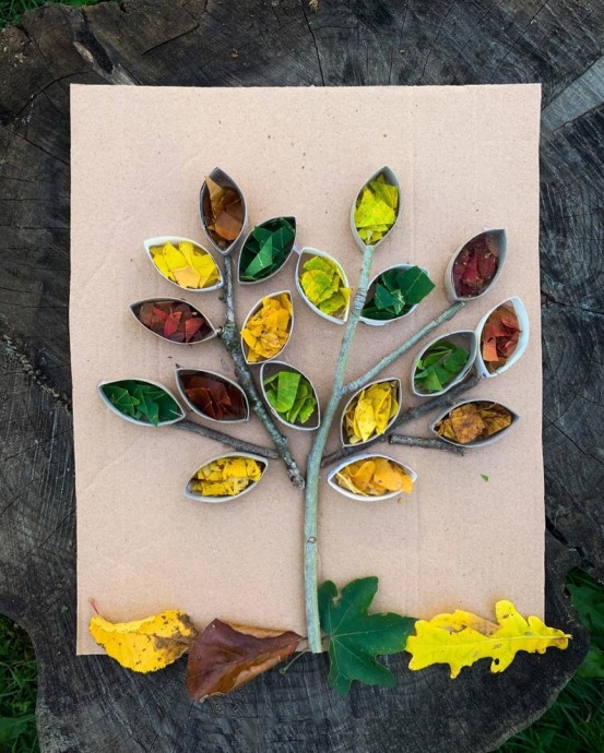 Объёмная осенняя аппликация из картонных рулончиков, веточек деревьев и засушенных осенних листьев