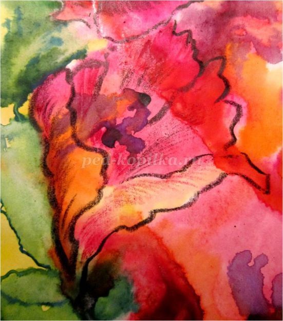 ​Рисование цветов в смешанной технике: акварельная живопись "по-сырому" и восковые цветные карандаши: часть 5