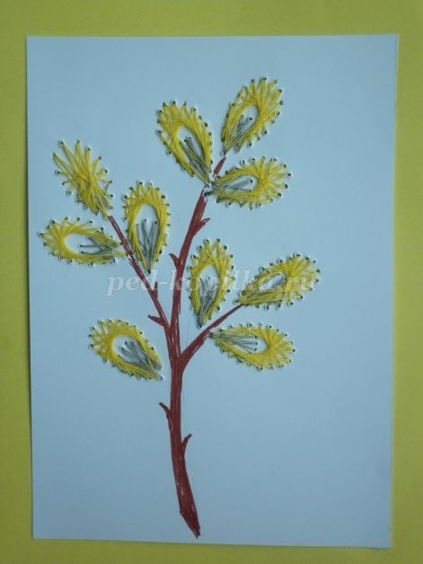 ​Открытка "Веточка вербы" в технике изонить: часть 2