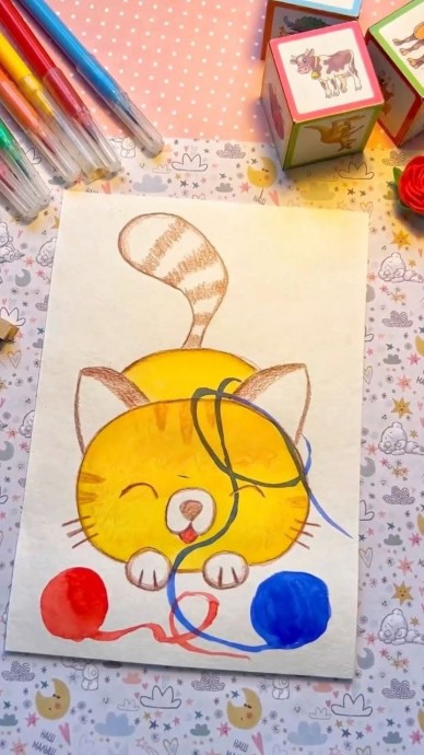 Рисуем котенка с клубочками Рисуем котенка с клубочками