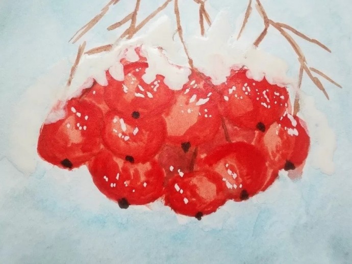 ​Скетч акварелью "Рябина под снегом"