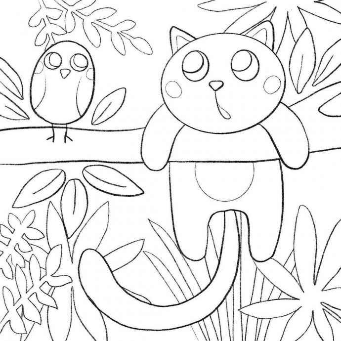 Рисуем котенка на ветке с птичкой Рисуем котенка на ветке с птичкой