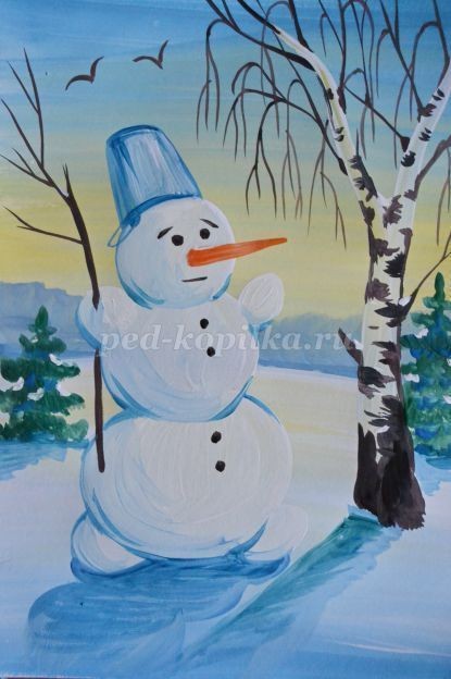 ​Рисуем с детьми снеговика гуашью