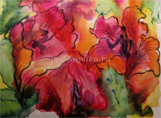​Рисование цветов в смешанной технике: акварельная живопись "по-сырому" и восковые цветные карандаши: часть 5
