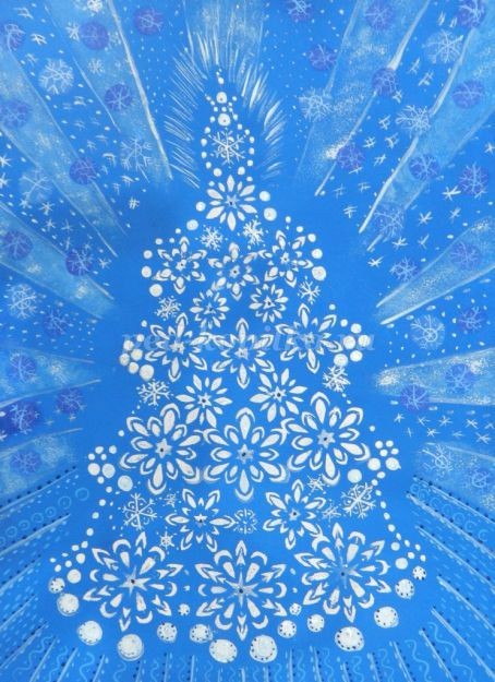 ​Рисуем невероятно красивую ёлочку белую на синем фоне: часть 7