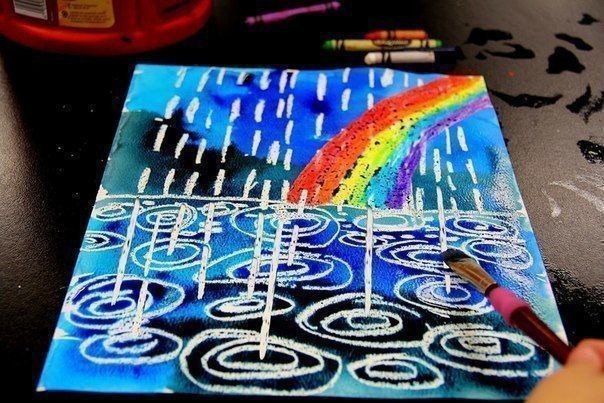 ​Дождик с радугой акварелью и восковыми карандашами