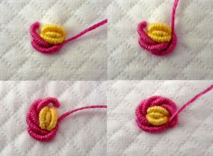 Вышивка розочек спиральным швом