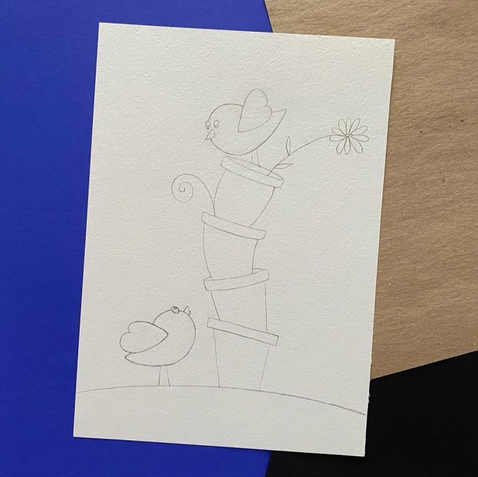 Рисунок с горшками и птичками Рисунок с горшками и птичками