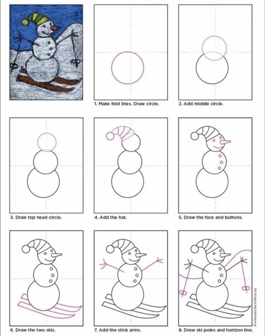 Рисуем снеговика на лыжах