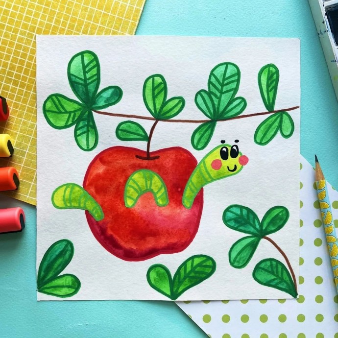 ​Рисуем гусеницу в яблоке