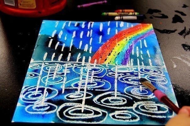 Дождик с радугой  акварелью и восковыми карандашами