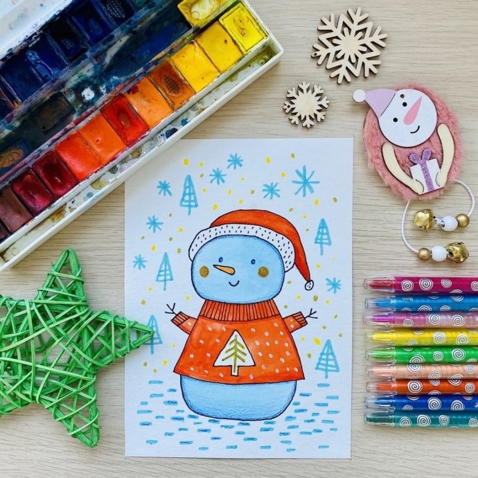 Голубой нарисованный снеговик
