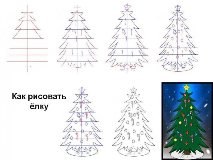 Как нарисовать пушистую ёлку цветными карандашами или фломастерами