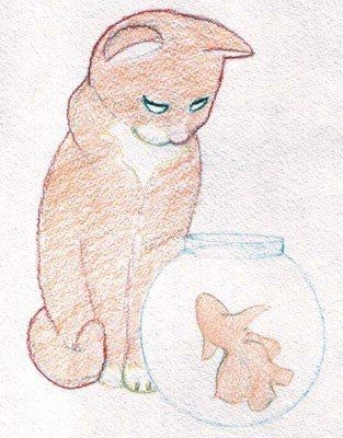Котенок и рыбка цветными карандашами
