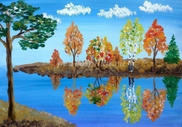 ​Осенний пейзаж у водоёма гуашью