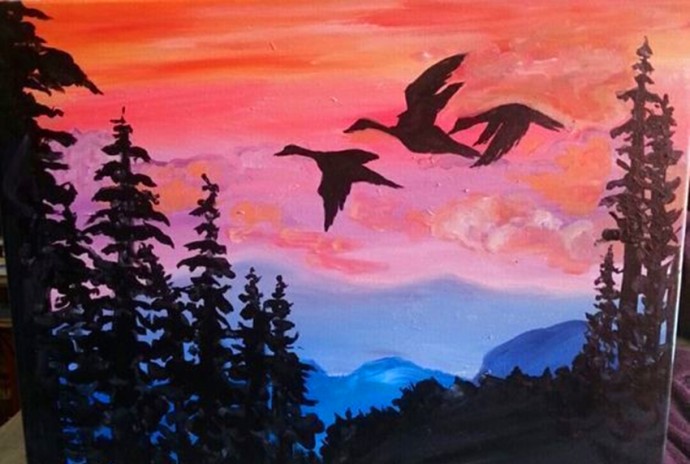 ​Рисуем с детьми птиц на фоне ночного неба