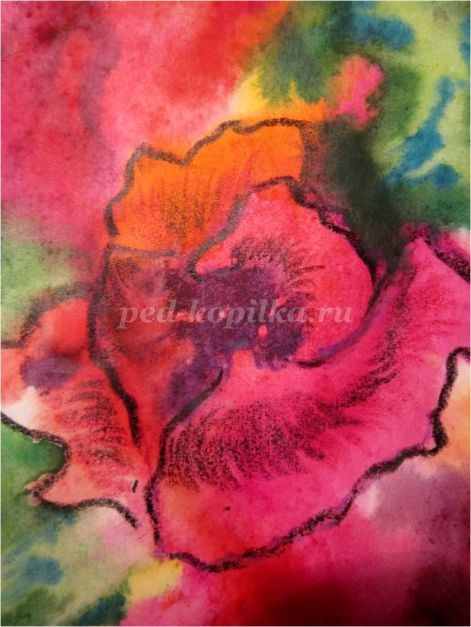 ​Рисование цветов в смешанной технике: акварельная живопись "по-сырому" и восковые цветные карандаши: часть 3