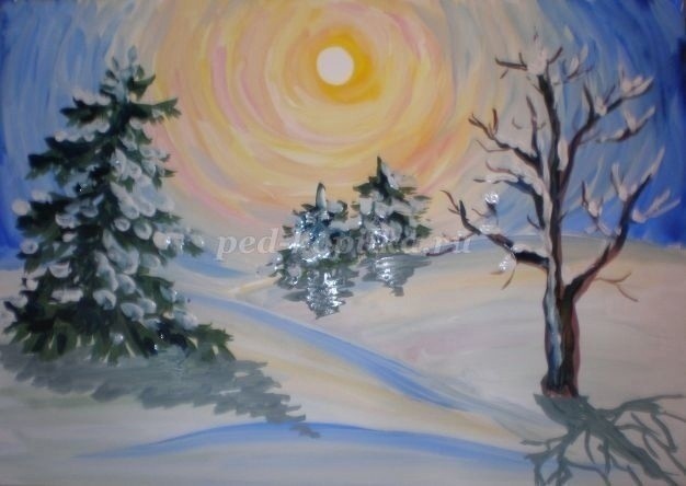 Рисуем солнечное зимнее утро