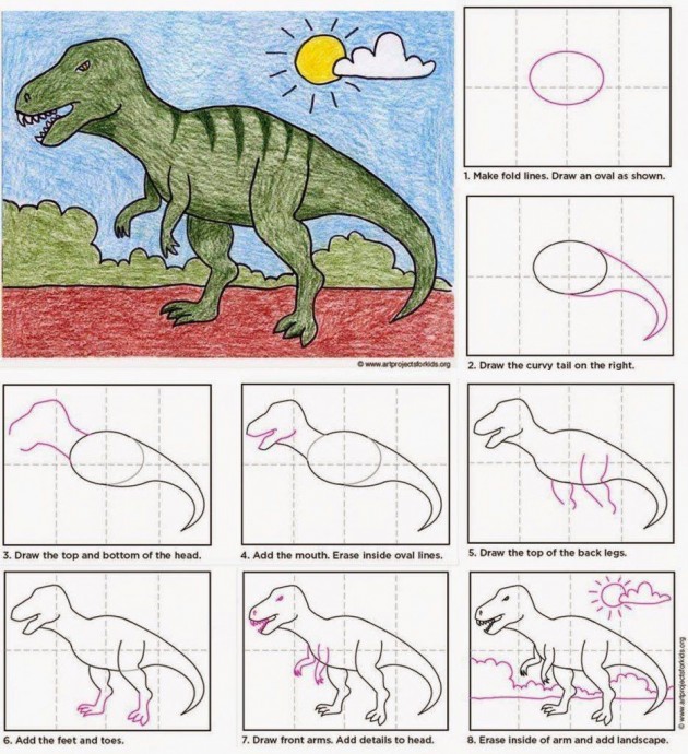 ​Учим детей рисовать динозавров