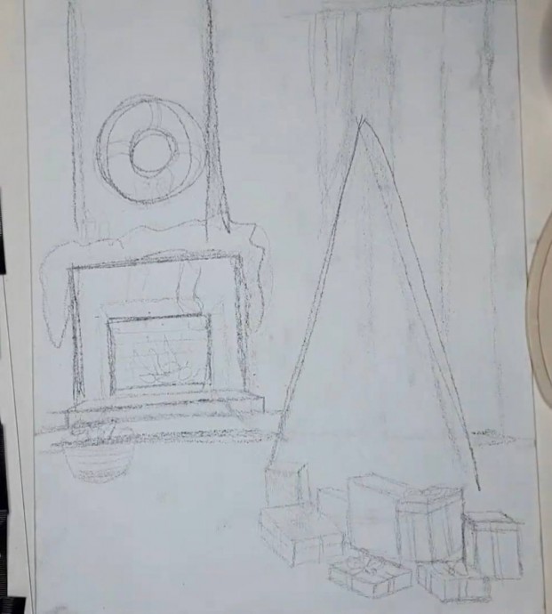 Рисуем новогоднюю ёлочку около камина Рисуем новогоднюю ёлочку около камина