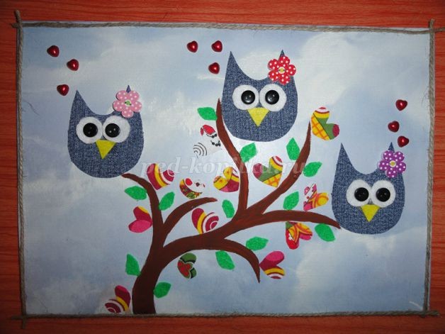 Аппликация из джинсовой ткани детскими руками: дерево с совами, часть 2 Аппликация из джинсовой ткани детскими руками: дерево с совами, часть 2