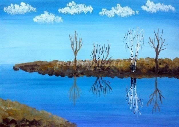 ​Осенний пейзаж у водоёма гуашью