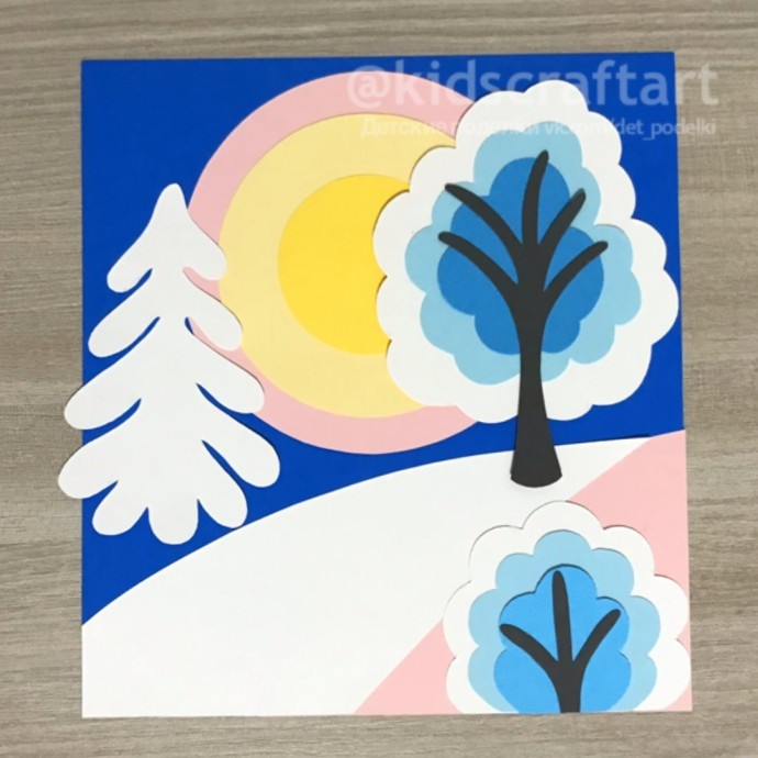 ​Детские новогодние зимние поделки-открытки: аппликация "Зимнее утро"