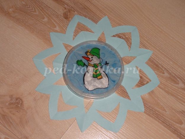 Пластилинография: снеговик в снежинке Пластилинография: снеговик в снежинке